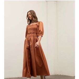 Moon River Anthropologie Smocked Rust Midi Puff Sleeves Brown Medium